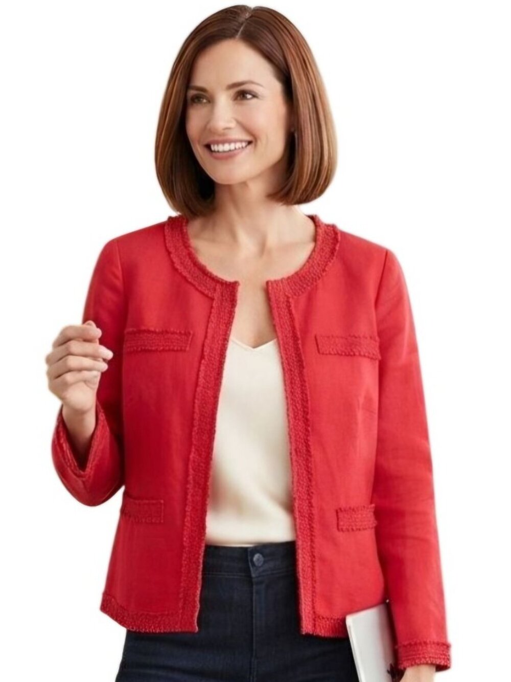 Talbots NWT Red Linen Blend Fringe Detail Snap Closure Lady Jacket Size 12WP